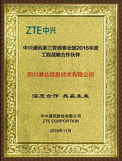 中兴通讯第三营销事业部2016年度工程战略合作伙伴深度合作共赢未来奖